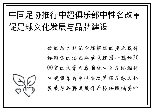 中国足协推行中超俱乐部中性名改革促足球文化发展与品牌建设